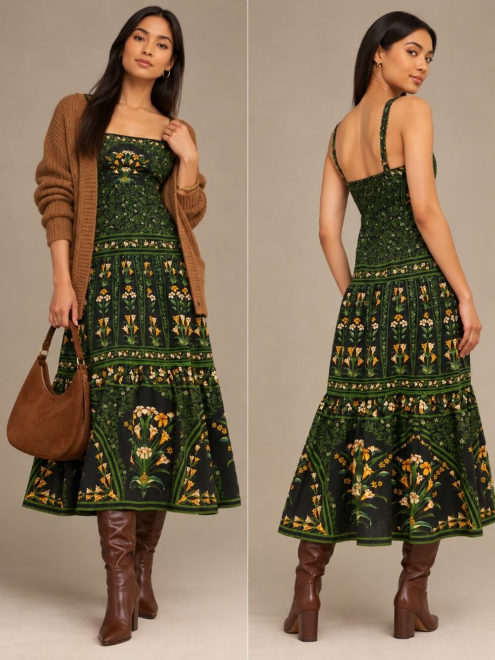 FARM Rio Flowers Arch Linen Blend Midi Dress Green L